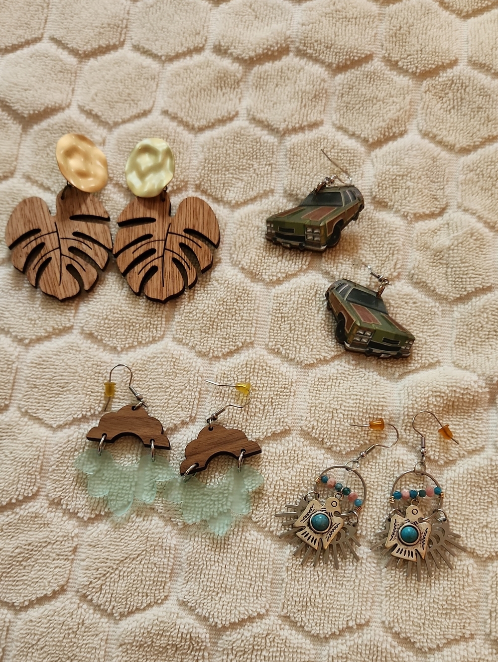 Mixed Earring Set — Wood, Turquoise, Green & Gold Accents Boho Western Retro